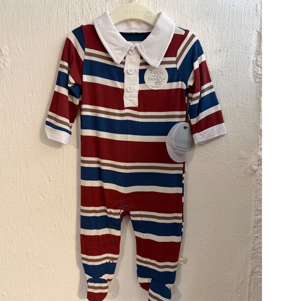 Milkberry Bamboo Rayon Striped Polo Footed Romper Red Blue White 0-3M NWT